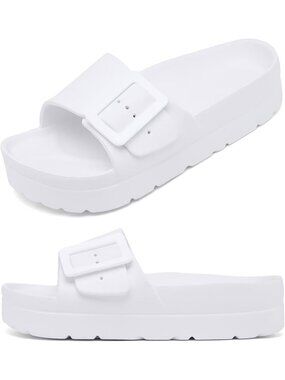 🆕 Women's White Single Buckle Cushion Slide Sandals EVA Waterproof Beach Shoes